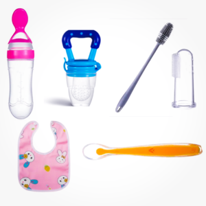Home baby feeding essentials combo pack | cereal feeding bottle, cleaning brush, fruit feeder, finger brush, silicone spoon & bib set