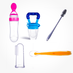 Home baby feeding essentials combo pack | cereal feeding bottle, cleaning brush, fruit feeder, finger brush & silicone spoon set for babies