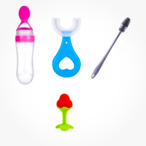 Home baby feeding & oral care combo pack | cereal feeding bottle, cleaning brush, u shape toothbrush & fruit teether set for babies
